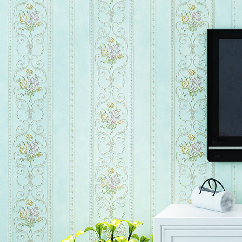 Non-Woven Stain Resistant Wallpaper Rural Embossed Peonies Wall Art for Living Room Light Blue Clearhalo 'Country wall decor' 'Rustic' 'Wallpaper' Wall Decor' 1397181