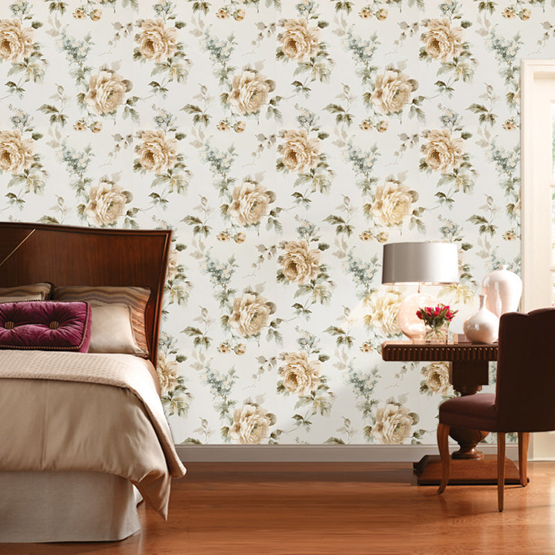 Rural Blooming Peonies Wallpaper Paper-Print Moisture Resistant Beige Wall Art for Home Beige Clearhalo 'Country wall decor' 'Rustic' 'Wallpaper' Wall Decor' 1397328