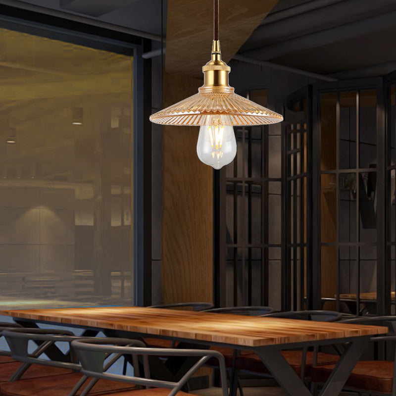 Amber Glass Ribbed Cone Suspension Light Mid Century 1 Bulb Restaurant Ceiling Pendant Clearhalo 'Ceiling Lights' 'Close To Ceiling Lights' 'Glass shade' 'Glass' 'Industrial Pendants' 'Industrial' 'Middle Century Pendants' 'Pendant Lights' 'Pendants' 'Tiffany' Lighting' 139804