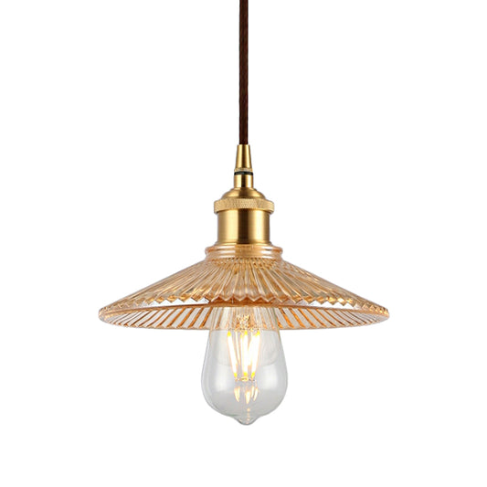 Amber Glass Ribbed Cone Suspension Light Mid Century 1 Bulb Restaurant Ceiling Pendant Clearhalo 'Ceiling Lights' 'Close To Ceiling Lights' 'Glass shade' 'Glass' 'Industrial Pendants' 'Industrial' 'Middle Century Pendants' 'Pendant Lights' 'Pendants' 'Tiffany' Lighting' 139806