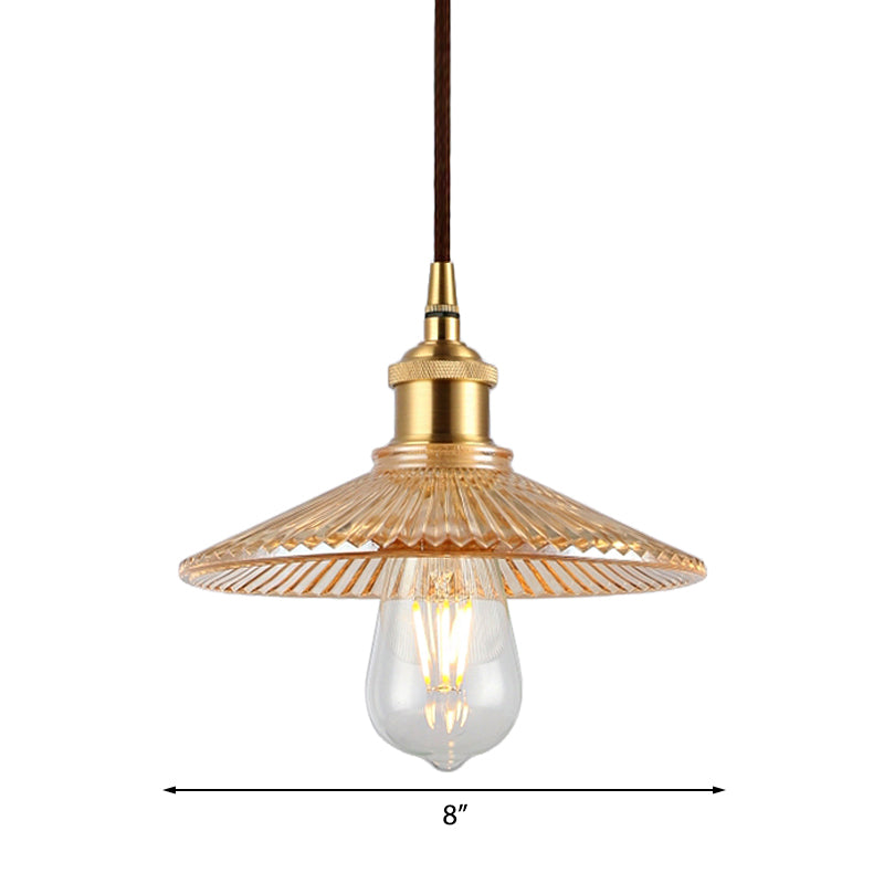 Amber Glass Ribbed Cone Suspension Light Mid Century 1 Bulb Restaurant Ceiling Pendant Clearhalo 'Ceiling Lights' 'Close To Ceiling Lights' 'Glass shade' 'Glass' 'Industrial Pendants' 'Industrial' 'Middle Century Pendants' 'Pendant Lights' 'Pendants' 'Tiffany' Lighting' 139807