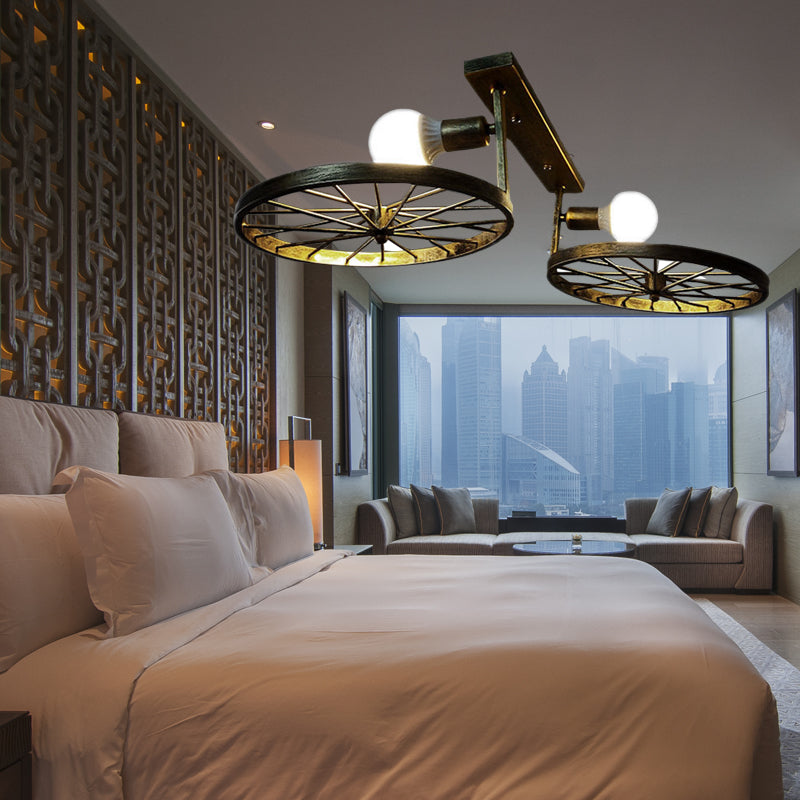 Rust/Brass Finish Wheel Ceiling Light Fixture Antique Metal 1 Head Bedroom Semi-Flush Mount Lighting with Open Bulb Brass Clearhalo 'Ceiling Lights' 'Close To Ceiling Lights' 'Close to ceiling' 'Semi-flushmount' Lighting' 139869