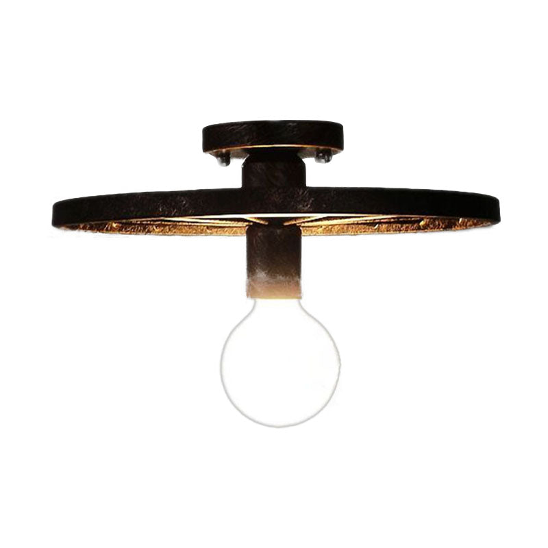 Rust/Brass Finish Wheel Ceiling Light Fixture Antique Metal 1 Head Bedroom Semi-Flush Mount Lighting with Open Bulb Clearhalo 'Ceiling Lights' 'Close To Ceiling Lights' 'Close to ceiling' 'Semi-flushmount' Lighting' 139875