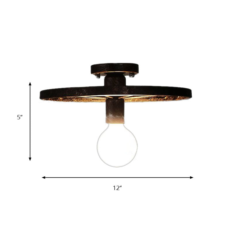 Rust/Brass Finish Wheel Ceiling Light Fixture Antique Metal 1 Head Bedroom Semi-Flush Mount Lighting with Open Bulb Clearhalo 'Ceiling Lights' 'Close To Ceiling Lights' 'Close to ceiling' 'Semi-flushmount' Lighting' 139876