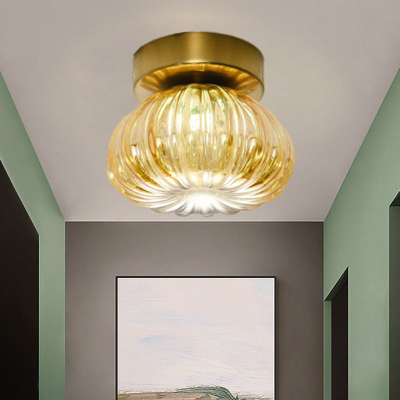 Modernist Spheroid Flush Mount Clear/Amber Ribbed Glass Single Head Corridor LED Ceiling Light Fixture, 5.5"/11" W Amber 5.5" Clearhalo 'Ceiling Lights' 'Close To Ceiling Lights' 'Close to ceiling' 'Flush mount' Lighting' 1398818