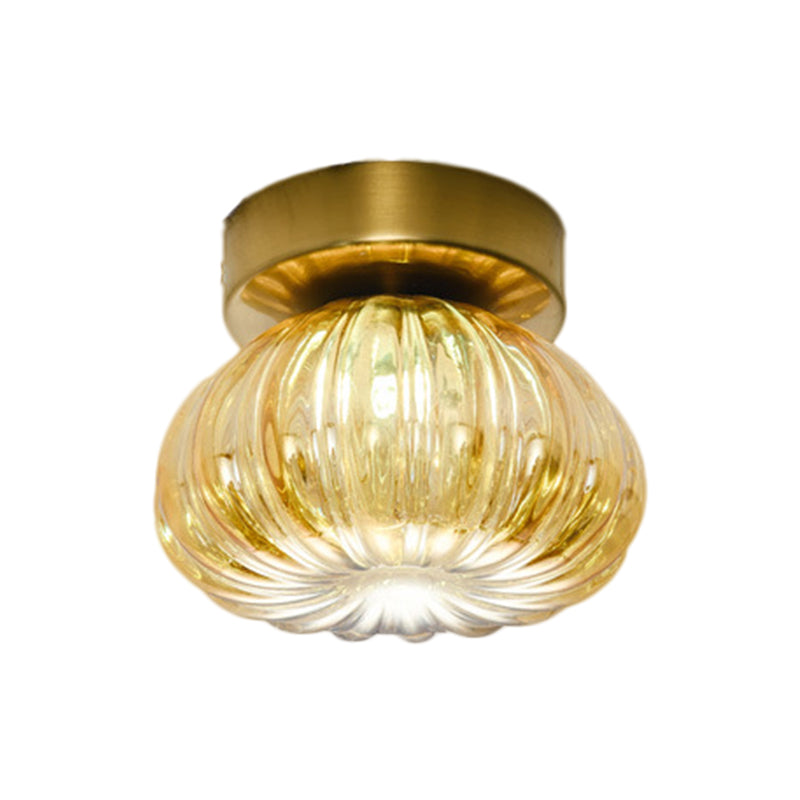 Modernist Spheroid Flush Mount Clear/Amber Ribbed Glass Single Head Corridor LED Ceiling Light Fixture, 5.5"/11" W Clearhalo 'Ceiling Lights' 'Close To Ceiling Lights' 'Close to ceiling' 'Flush mount' Lighting' 1398820