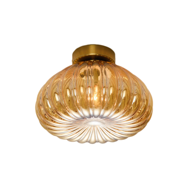 Modernist Spheroid Flush Mount Clear/Amber Ribbed Glass Single Head Corridor LED Ceiling Light Fixture, 5.5"/11" W Clearhalo 'Ceiling Lights' 'Close To Ceiling Lights' 'Close to ceiling' 'Flush mount' Lighting' 1398828