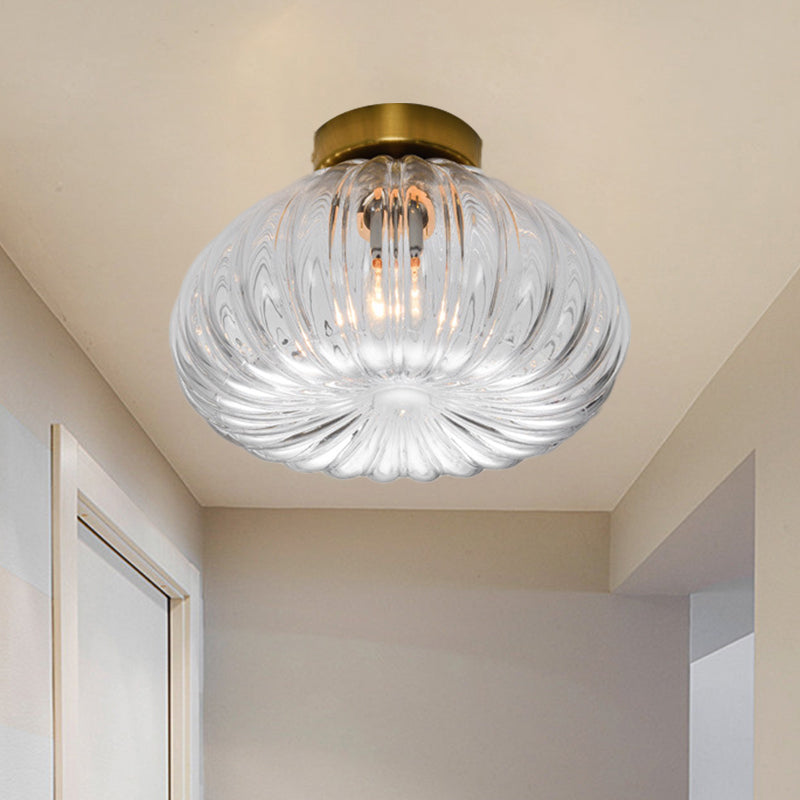 Modernist Spheroid Flush Mount Clear/Amber Ribbed Glass Single Head Corridor LED Ceiling Light Fixture, 5.5"/11" W Clearhalo 'Ceiling Lights' 'Close To Ceiling Lights' 'Close to ceiling' 'Flush mount' Lighting' 1398831