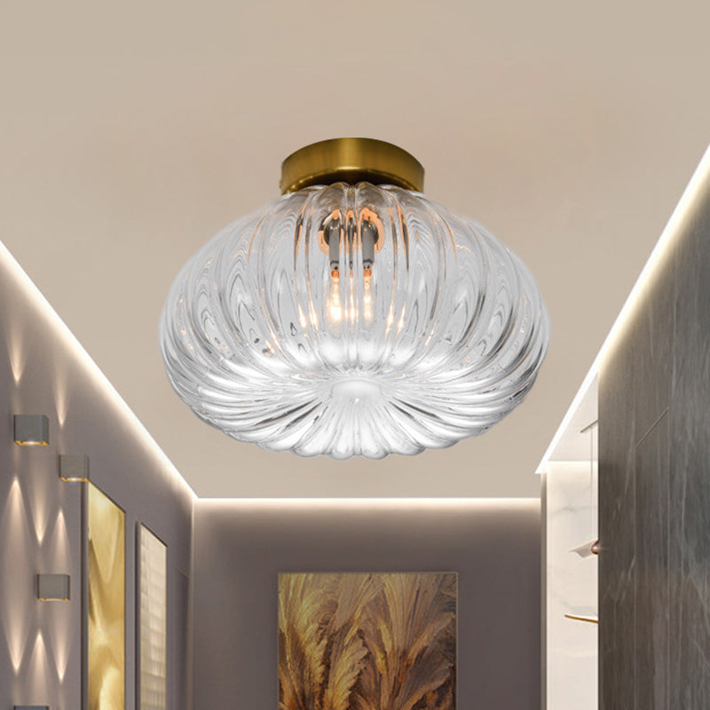 Modernist Spheroid Flush Mount Clear/Amber Ribbed Glass Single Head Corridor LED Ceiling Light Fixture, 5.5"/11" W Clearhalo 'Ceiling Lights' 'Close To Ceiling Lights' 'Close to ceiling' 'Flush mount' Lighting' 1398832