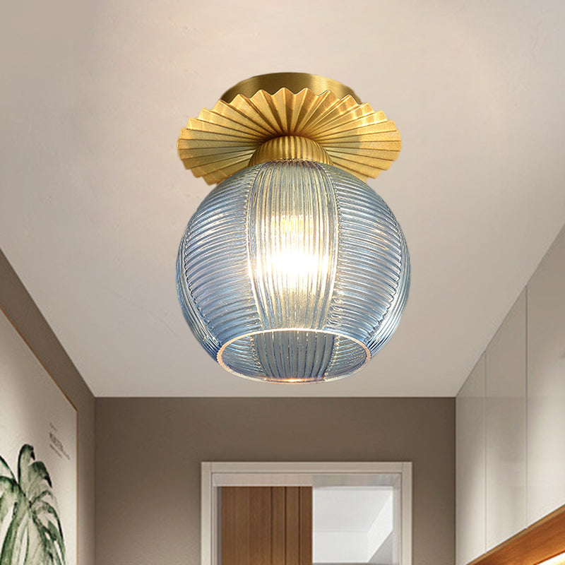 Global Semi Flush Contemporary Clear/White/Blue Prism Glass Single Bulb Hallway Close to Ceiling Light