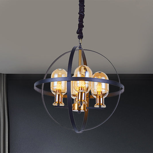 Amber Glass Ellipse Pendant Chandelier Contemporary 4/6-Light Black-Gold Suspension Lamp with Orb Frame Design 4 Black-Gold Clearhalo 'Ceiling Lights' 'Chandeliers' 'Glass shade' 'Glass' 'Island Lights' 'Modern Chandeliers' 'Modern' Lighting' 1398885