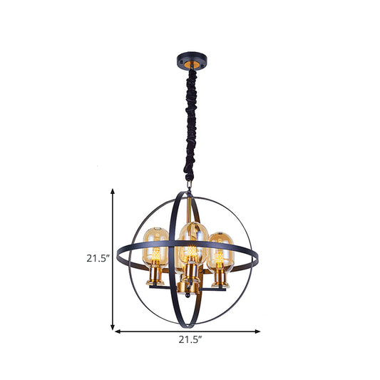 Amber Glass Ellipse Pendant Chandelier Contemporary 4/6-Light Black-Gold Suspension Lamp with Orb Frame Design Clearhalo 'Ceiling Lights' 'Chandeliers' 'Glass shade' 'Glass' 'Island Lights' 'Modern Chandeliers' 'Modern' Lighting' 1398888