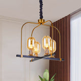 Black-Gold Oval Hanging Light Minimalism 4 Head Amber Glass Ceiling Chandelier with Metal Square Frame Clearhalo 'Ceiling Lights' 'Chandeliers' 'Glass shade' 'Glass' 'Modern Chandeliers' 'Modern' Lighting' 1398895