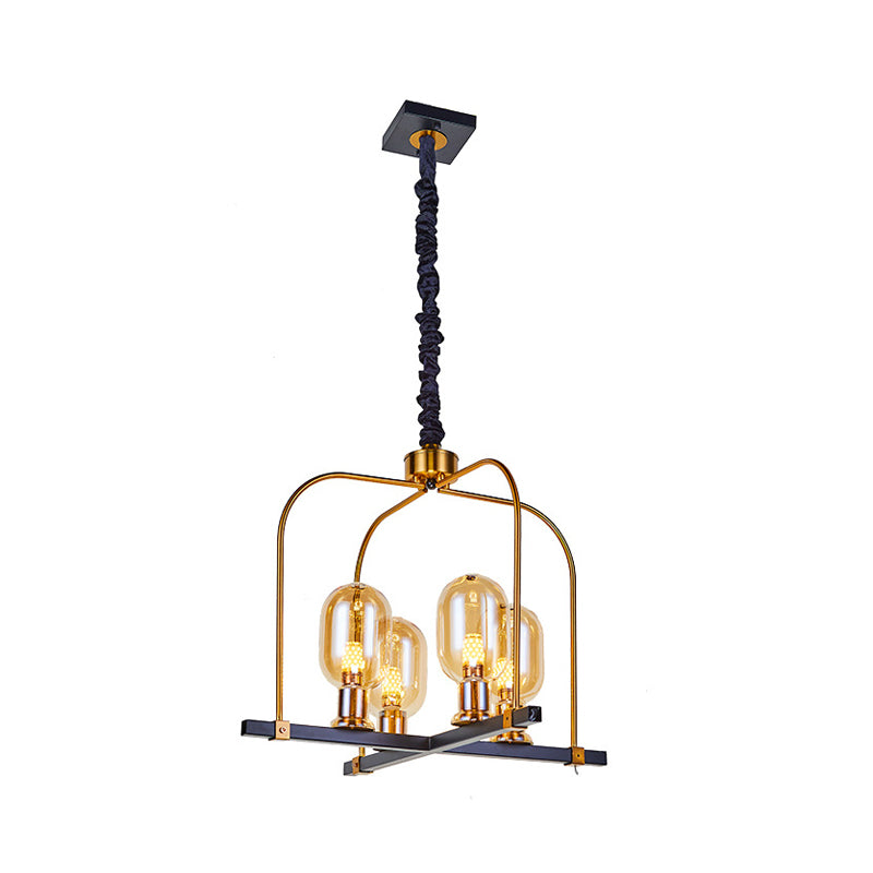 Black-Gold Oval Hanging Light Minimalism 4 Head Amber Glass Ceiling Chandelier with Metal Square Frame Clearhalo 'Ceiling Lights' 'Chandeliers' 'Glass shade' 'Glass' 'Modern Chandeliers' 'Modern' Lighting' 1398896