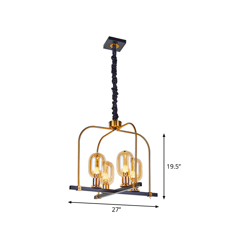 Black-Gold Oval Hanging Light Minimalism 4 Head Amber Glass Ceiling Chandelier with Metal Square Frame Clearhalo 'Ceiling Lights' 'Chandeliers' 'Glass shade' 'Glass' 'Modern Chandeliers' 'Modern' Lighting' 1398897