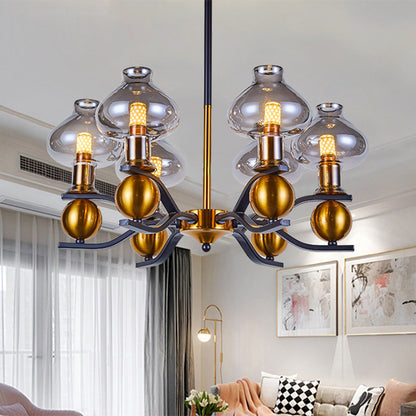 Simplicity Jar Shape Hanging Chandelier Smoke Gray Glass 6/8-Bulb Living Room Down Lighting with Curved Arm in Black and Gold 6 Black-Gold Clearhalo 'Ceiling Lights' 'Chandeliers' 'Glass shade' 'Glass' 'Modern Chandeliers' 'Modern' Lighting' 1398902