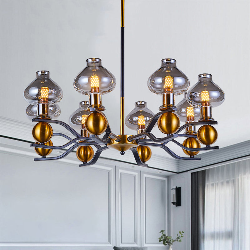 Simplicity Jar Shape Hanging Chandelier Smoke Gray Glass 6/8-Bulb Living Room Down Lighting with Curved Arm in Black and Gold Clearhalo 'Ceiling Lights' 'Chandeliers' 'Glass shade' 'Glass' 'Modern Chandeliers' 'Modern' Lighting' 1398908