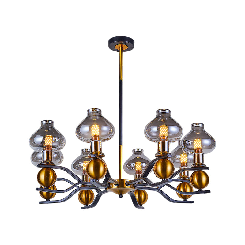 Simplicity Jar Shape Hanging Chandelier Smoke Gray Glass 6/8-Bulb Living Room Down Lighting with Curved Arm in Black and Gold Clearhalo 'Ceiling Lights' 'Chandeliers' 'Glass shade' 'Glass' 'Modern Chandeliers' 'Modern' Lighting' 1398909