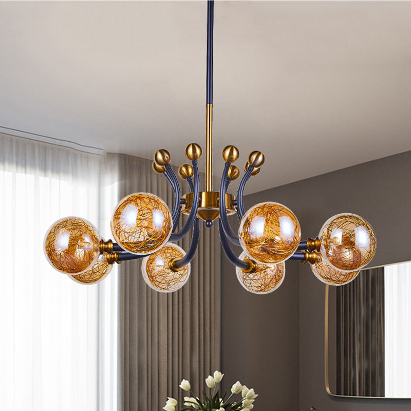 Amber Glass Global Pendant Lamp Minimalism 8/9 Heads Black-Gold Curvy Arm Ceiling Chandelier 8 Black-Gold Clearhalo 'Ceiling Lights' 'Chandeliers' 'Close To Ceiling Lights' 'Glass shade' 'Glass' 'Modern Chandeliers' 'Modern' Lighting' 1398911