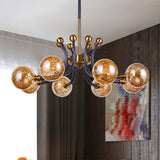 Amber Glass Global Pendant Lamp Minimalism 8/9 Heads Black-Gold Curvy Arm Ceiling Chandelier Clearhalo 'Ceiling Lights' 'Chandeliers' 'Close To Ceiling Lights' 'Glass shade' 'Glass' 'Modern Chandeliers' 'Modern' Lighting' 1398912