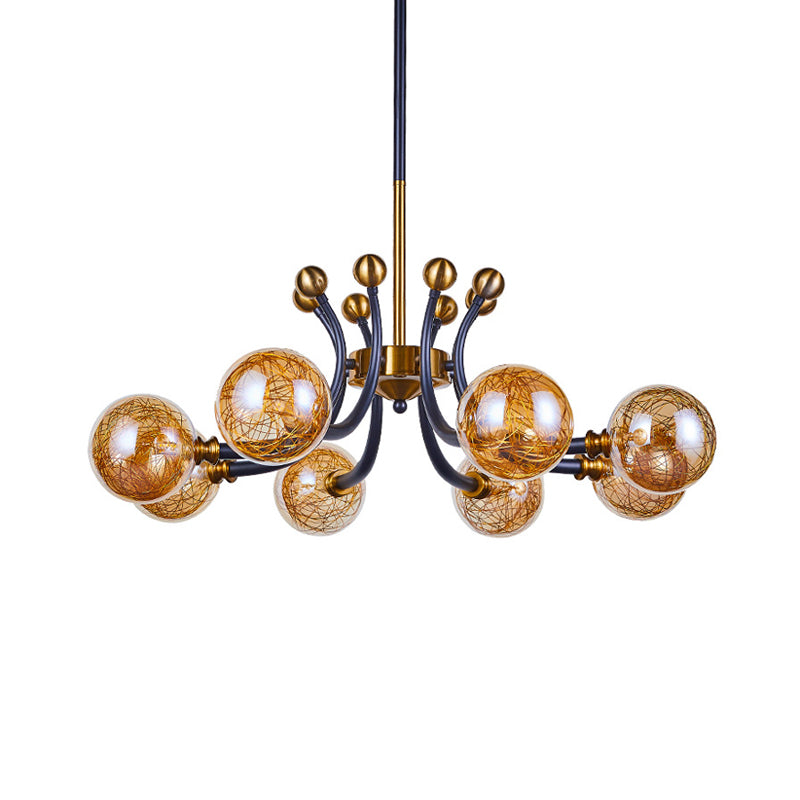 Amber Glass Global Pendant Lamp Minimalism 8/9 Heads Black-Gold Curvy Arm Ceiling Chandelier Clearhalo 'Ceiling Lights' 'Chandeliers' 'Close To Ceiling Lights' 'Glass shade' 'Glass' 'Modern Chandeliers' 'Modern' Lighting' 1398913
