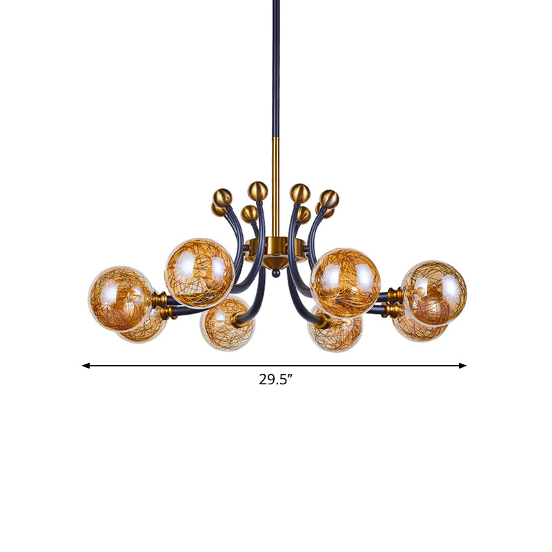 Amber Glass Global Pendant Lamp Minimalism 8/9 Heads Black-Gold Curvy Arm Ceiling Chandelier Clearhalo 'Ceiling Lights' 'Chandeliers' 'Close To Ceiling Lights' 'Glass shade' 'Glass' 'Modern Chandeliers' 'Modern' Lighting' 1398914