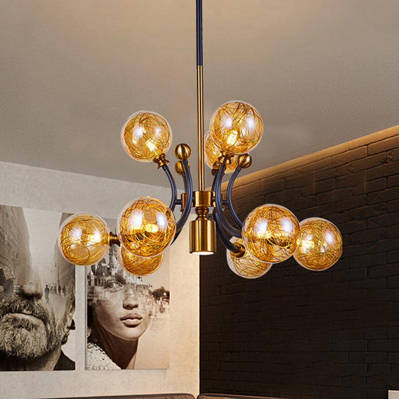 Amber Glass Global Pendant Lamp Minimalism 8/9 Heads Black-Gold Curvy Arm Ceiling Chandelier 9 Black-Gold Clearhalo 'Ceiling Lights' 'Chandeliers' 'Close To Ceiling Lights' 'Glass shade' 'Glass' 'Modern Chandeliers' 'Modern' Lighting' 1398915