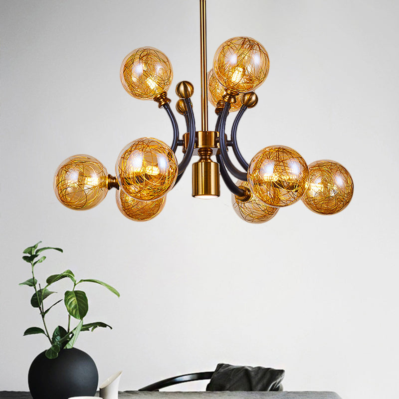 Amber Glass Global Pendant Lamp Minimalism 8/9 Heads Black-Gold Curvy Arm Ceiling Chandelier Clearhalo 'Ceiling Lights' 'Chandeliers' 'Close To Ceiling Lights' 'Glass shade' 'Glass' 'Modern Chandeliers' 'Modern' Lighting' 1398916