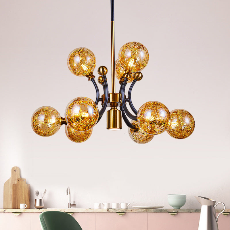 Amber Glass Global Pendant Lamp Minimalism 8/9 Heads Black-Gold Curvy Arm Ceiling Chandelier Clearhalo 'Ceiling Lights' 'Chandeliers' 'Close To Ceiling Lights' 'Glass shade' 'Glass' 'Modern Chandeliers' 'Modern' Lighting' 1398917