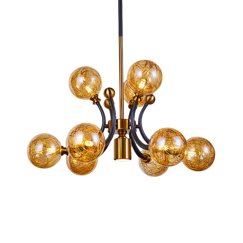 Amber Glass Global Pendant Lamp Minimalism 8/9 Heads Black-Gold Curvy Arm Ceiling Chandelier Clearhalo 'Ceiling Lights' 'Chandeliers' 'Close To Ceiling Lights' 'Glass shade' 'Glass' 'Modern Chandeliers' 'Modern' Lighting' 1398918
