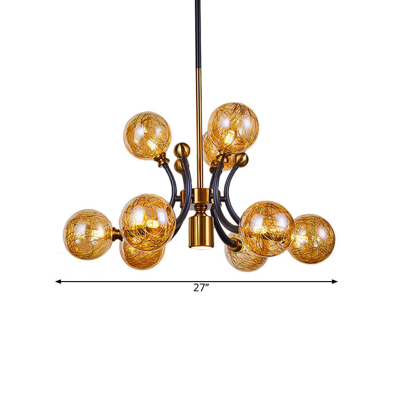 Amber Glass Global Pendant Lamp Minimalism 8/9 Heads Black-Gold Curvy Arm Ceiling Chandelier Clearhalo 'Ceiling Lights' 'Chandeliers' 'Close To Ceiling Lights' 'Glass shade' 'Glass' 'Modern Chandeliers' 'Modern' Lighting' 1398919