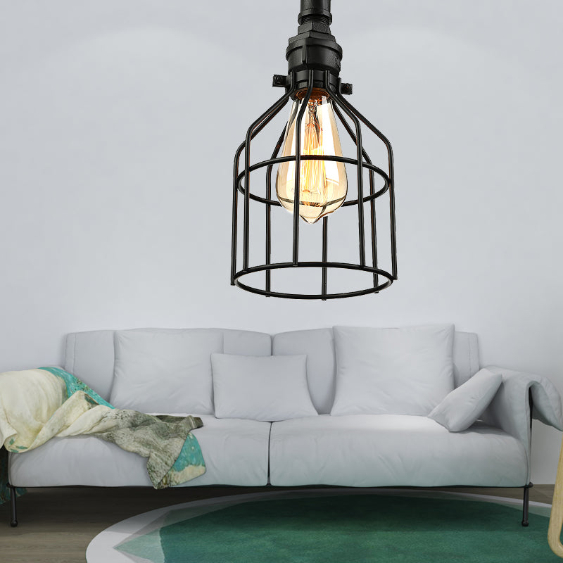 1 Bulb Cage Shade Semi-Flush Mount Light Black Finish Metallic Ceiling Mounted Lamp for Living Room Black Clearhalo 'Ceiling Lights' 'Close To Ceiling Lights' 'Close to ceiling' 'Semi-flushmount' Lighting' 139892