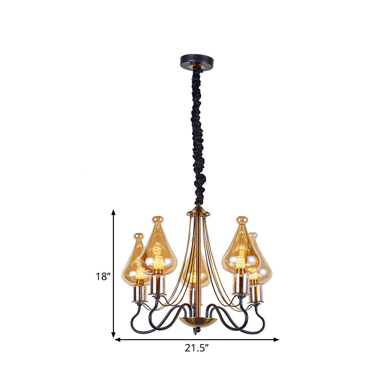 Black-Gold Teardrop Chandelier Lamp Post Modern 5/8 Lights Amber Glass Suspension Lighting for Dining Room Clearhalo 'Ceiling Lights' 'Chandeliers' 'Glass shade' 'Glass' 'Modern Chandeliers' 'Modern' Lighting' 1398931