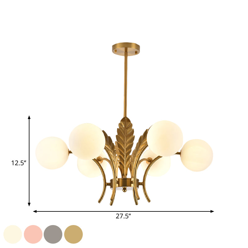 Sphere Ceiling Light Simplicity White/Pink/Cognac Glass 6-Bulb Drawing Room LED Hanging Chandelier with Leaf Decor Clearhalo 'Ceiling Lights' 'Chandeliers' 'Glass shade' 'Glass' 'Modern Chandeliers' 'Modern' Lighting' 1398951