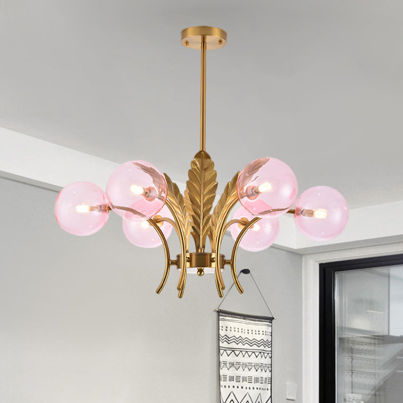 Sphere Ceiling Light Simplicity White/Pink/Cognac Glass 6-Bulb Drawing Room LED Hanging Chandelier with Leaf Decor Clearhalo 'Ceiling Lights' 'Chandeliers' 'Glass shade' 'Glass' 'Modern Chandeliers' 'Modern' Lighting' 1398953