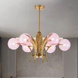 Sphere Ceiling Light Simplicity White/Pink/Cognac Glass 6-Bulb Drawing Room LED Hanging Chandelier with Leaf Decor Clearhalo 'Ceiling Lights' 'Chandeliers' 'Glass shade' 'Glass' 'Modern Chandeliers' 'Modern' Lighting' 1398954