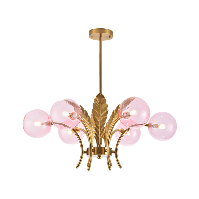 Sphere Ceiling Light Simplicity White/Pink/Cognac Glass 6-Bulb Drawing Room LED Hanging Chandelier with Leaf Decor Clearhalo 'Ceiling Lights' 'Chandeliers' 'Glass shade' 'Glass' 'Modern Chandeliers' 'Modern' Lighting' 1398955