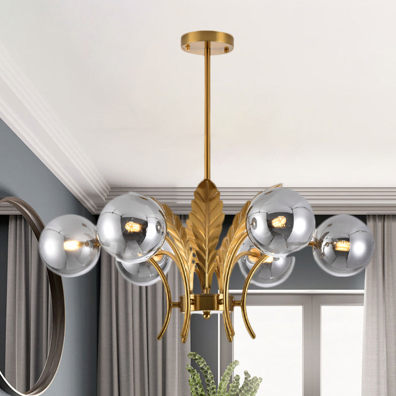 Sphere Ceiling Light Simplicity White/Pink/Cognac Glass 6-Bulb Drawing Room LED Hanging Chandelier with Leaf Decor Clearhalo 'Ceiling Lights' 'Chandeliers' 'Glass shade' 'Glass' 'Modern Chandeliers' 'Modern' Lighting' 1398962