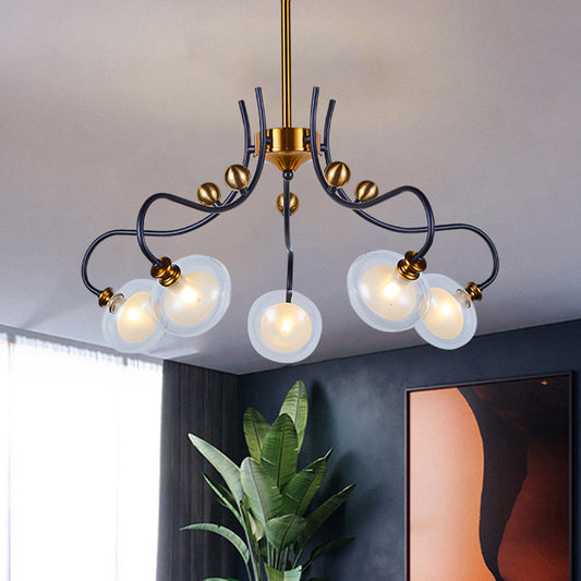 Post Modern Ball Pendant Chandelier Clear Glass 5/9 Heads Living Room 1/2-Tier Pendulum Light with Swooping Arm in Black and Gold 5 Black-Gold Clearhalo 'Ceiling Lights' 'Chandeliers' 'Glass shade' 'Glass' 'Modern Chandeliers' 'Modern' Lighting' 1398964