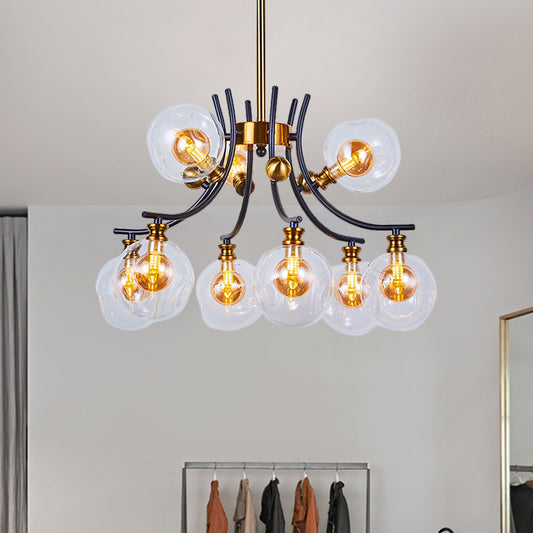 2 Tiers Orb-Shaped Pendulum Light Nordic Style Clear Dimpled Glass 9/12-Head Black and Gold Pendant Chandelier 9 Black-Gold Clearhalo 'Ceiling Lights' 'Chandeliers' 'Glass shade' 'Glass' 'Modern Chandeliers' 'Modern' Lighting' 1399015