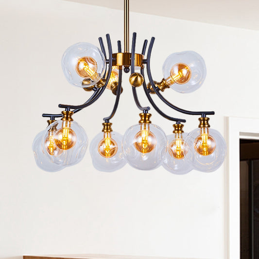 2 Tiers Orb-Shaped Pendulum Light Nordic Style Clear Dimpled Glass 9/12-Head Black and Gold Pendant Chandelier Clearhalo 'Ceiling Lights' 'Chandeliers' 'Glass shade' 'Glass' 'Modern Chandeliers' 'Modern' Lighting' 1399016