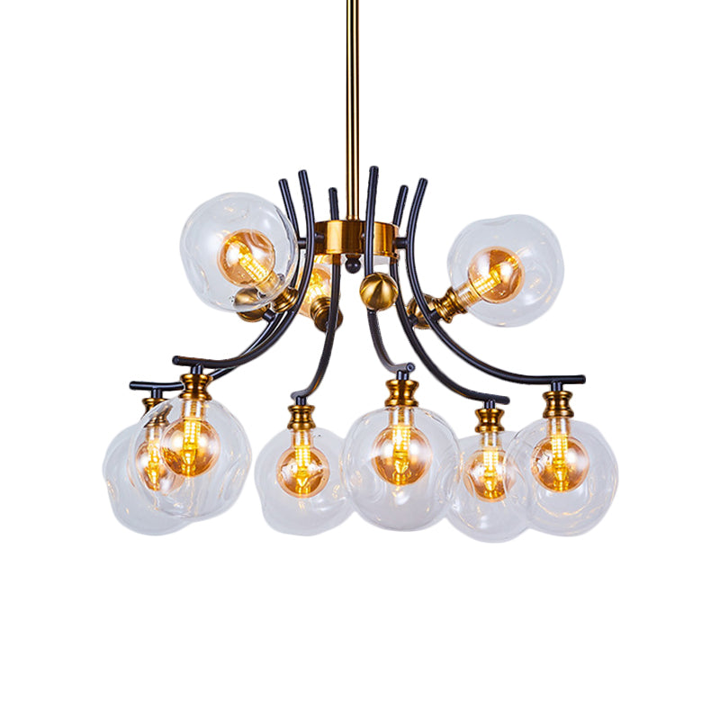 2 Tiers Orb-Shaped Pendulum Light Nordic Style Clear Dimpled Glass 9/12-Head Black and Gold Pendant Chandelier Clearhalo 'Ceiling Lights' 'Chandeliers' 'Glass shade' 'Glass' 'Modern Chandeliers' 'Modern' Lighting' 1399017