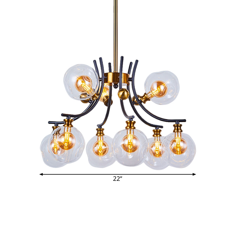 2 Tiers Orb-Shaped Pendulum Light Nordic Style Clear Dimpled Glass 9/12-Head Black and Gold Pendant Chandelier Clearhalo 'Ceiling Lights' 'Chandeliers' 'Glass shade' 'Glass' 'Modern Chandeliers' 'Modern' Lighting' 1399018