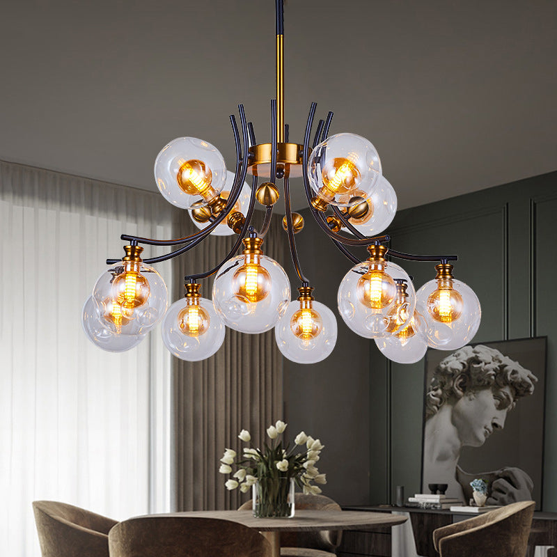 2 Tiers Orb-Shaped Pendulum Light Nordic Style Clear Dimpled Glass 9/12-Head Black and Gold Pendant Chandelier 12 Black-Gold Clearhalo 'Ceiling Lights' 'Chandeliers' 'Glass shade' 'Glass' 'Modern Chandeliers' 'Modern' Lighting' 1399019