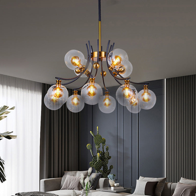 2 Tiers Orb-Shaped Pendulum Light Nordic Style Clear Dimpled Glass 9/12-Head Black and Gold Pendant Chandelier Clearhalo 'Ceiling Lights' 'Chandeliers' 'Glass shade' 'Glass' 'Modern Chandeliers' 'Modern' Lighting' 1399020