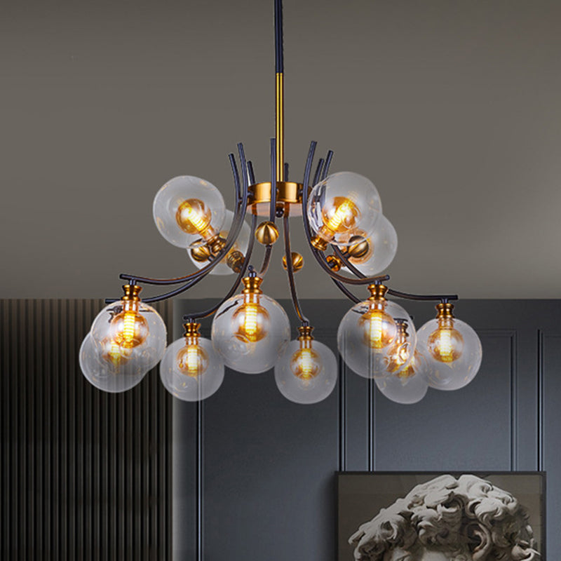 2 Tiers Orb-Shaped Pendulum Light Nordic Style Clear Dimpled Glass 9/12-Head Black and Gold Pendant Chandelier Clearhalo 'Ceiling Lights' 'Chandeliers' 'Glass shade' 'Glass' 'Modern Chandeliers' 'Modern' Lighting' 1399021