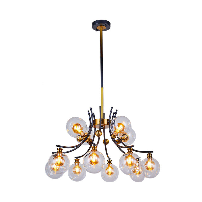 2 Tiers Orb-Shaped Pendulum Light Nordic Style Clear Dimpled Glass 9/12-Head Black and Gold Pendant Chandelier Clearhalo 'Ceiling Lights' 'Chandeliers' 'Glass shade' 'Glass' 'Modern Chandeliers' 'Modern' Lighting' 1399022