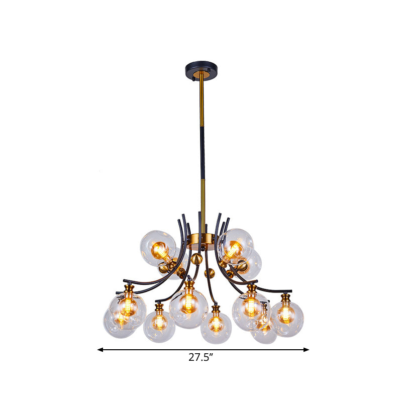 2 Tiers Orb-Shaped Pendulum Light Nordic Style Clear Dimpled Glass 9/12-Head Black and Gold Pendant Chandelier Clearhalo 'Ceiling Lights' 'Chandeliers' 'Glass shade' 'Glass' 'Modern Chandeliers' 'Modern' Lighting' 1399023
