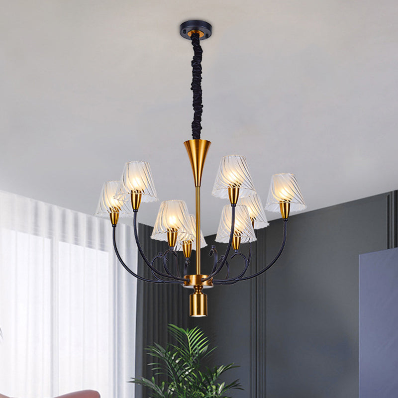 Black-Gold Conical Suspension Lamp Nordic Style 9 Heads Clear Ribbed Glass Ceiling Chandelier Black-Gold Clearhalo 'Ceiling Lights' 'Chandeliers' 'Glass shade' 'Glass' 'Modern Chandeliers' 'Modern' Lighting' 1399054