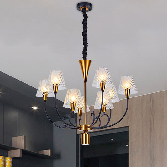 Black-Gold Conical Suspension Lamp Nordic Style 9 Heads Clear Ribbed Glass Ceiling Chandelier Clearhalo 'Ceiling Lights' 'Chandeliers' 'Glass shade' 'Glass' 'Modern Chandeliers' 'Modern' Lighting' 1399055